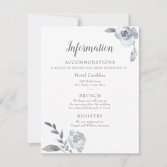 Indigo Dusty Blue Floral Wedding Details Card (Front)