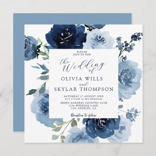 Indigo Dusty Blue Navy Flowers Garden Wedding Invitation