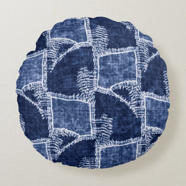Indigo-Dyed Effect Textured Checked Patchwork Grap Round Pillow (Front)