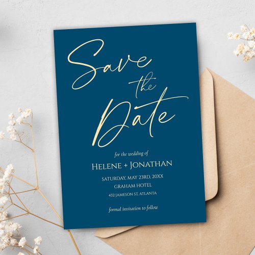 Indigo Elegant Script Modern Wedding Save The Date Invitation