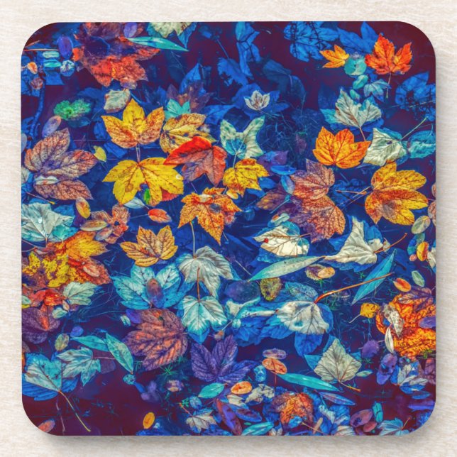 Indigo fall leaves swirl pattern beverage coaster (Front)