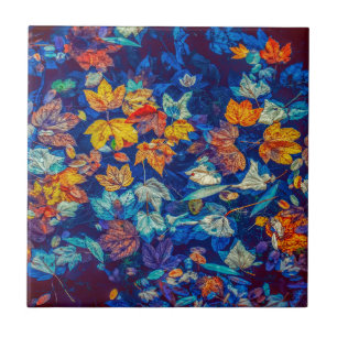 Indigo fall leaves swirl pattern ceramic tile