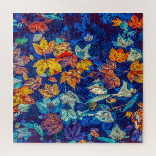 Indigo fall leaves swirl pattern jigsaw puzzle