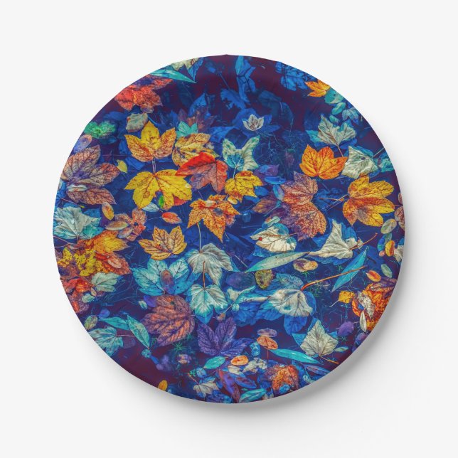 Indigo fall leaves swirl pattern paper plates (Front)