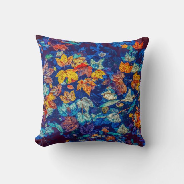 Indigo fall leaves swirl pattern throw pillow (Front)