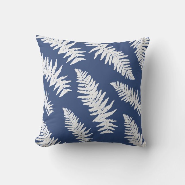 Indigo Fern White Plant Botanical Painting Throw Pillow (Front)