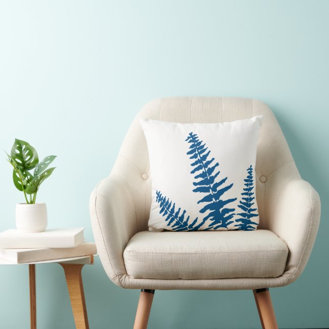 Indigo Fern White Plant Botanical Painting Throw Pillow (Chair)