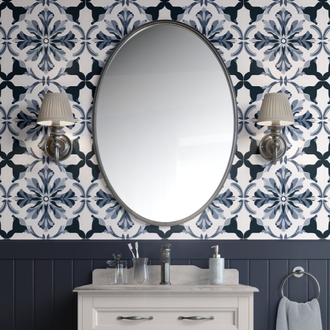 Indigo Floral Elegance Navy & Gray  French Country Wallpaper (Timeless Indigo Floral Tiles Peel and Stick Wallpaper)