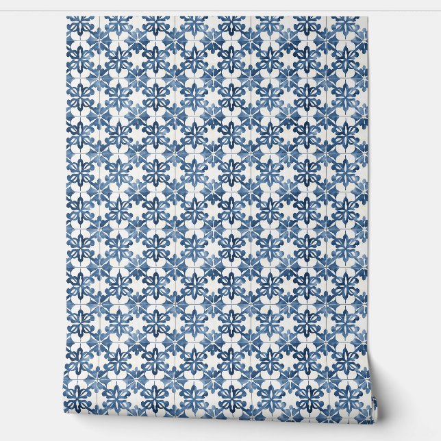 Indigo Floral Medley Mini - Blue and Cream Wallpaper (Unrolling)