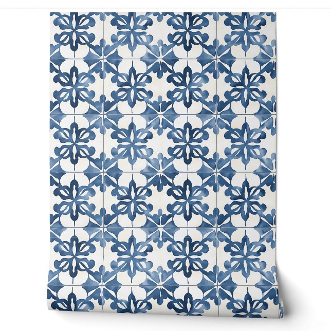 Indigo Floral Medley Petite - Blue and Cream Wallpaper (Unrolling)