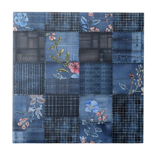 Indigo Floral Patchwork Pattern   Boho Denim Ceramic Tile