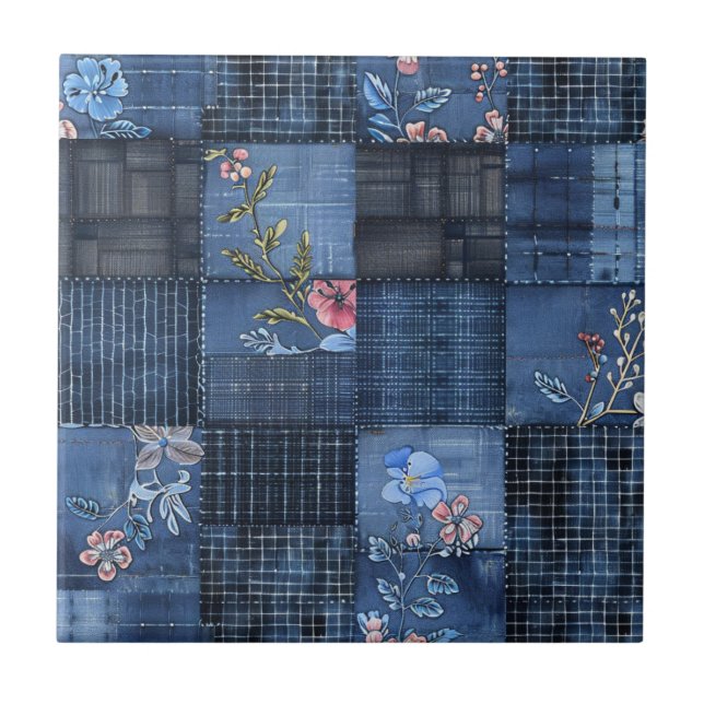 Indigo Floral Patchwork Pattern | Boho Denim Ceramic Tile (Front)