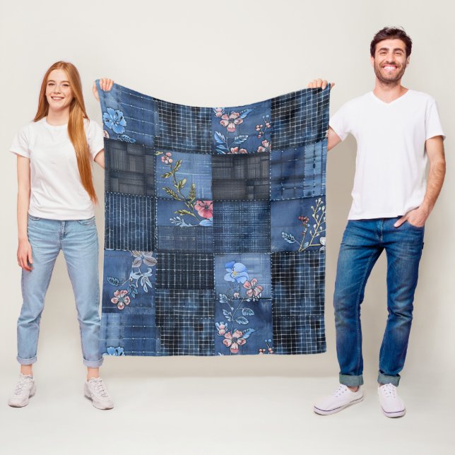 Indigo Floral Patchwork Pattern | Boho Denim Fleece Blanket (In Situ)