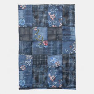 Indigo Floral Patchwork Pattern   Boho Denim Kitchen Towel