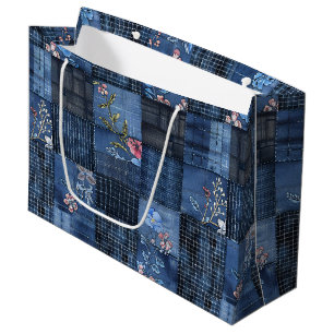 Indigo Floral Patchwork Pattern Boho Denim Large Gift Bag