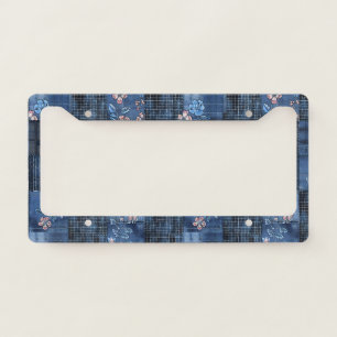 Indigo Floral Patchwork Pattern Boho Denim License Plate Frame