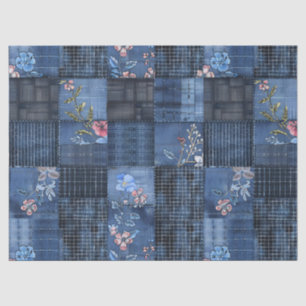 Indigo Floral Patchwork Pattern   Boho Denim Tissue Paper