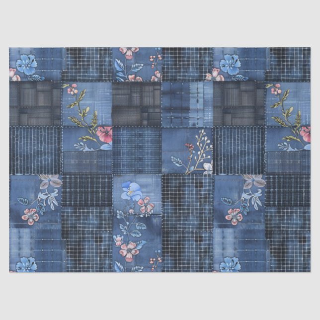 Indigo Floral Patchwork Pattern | Boho Denim Tissue Paper (Front)