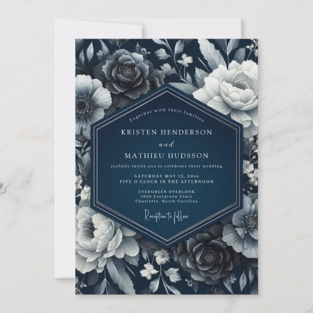 Indigo Floral Romance Wedding Invitation (Front)