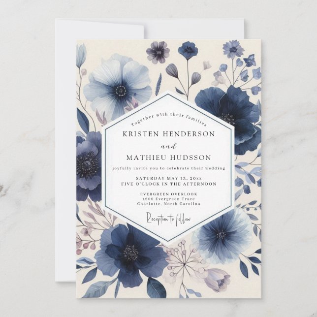 Indigo Floral Romantic Wedding Invitation (Front)