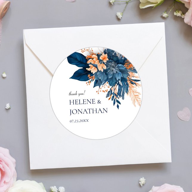 Indigo Floral Wedding Thank You Classic Round Sticker (Indigo Floral Wedding Thank You Classic Round Sticker)