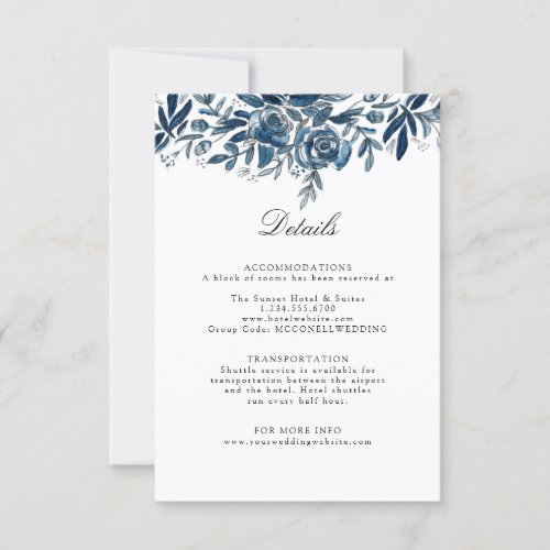 Indigo flowers wedding details enclosure card