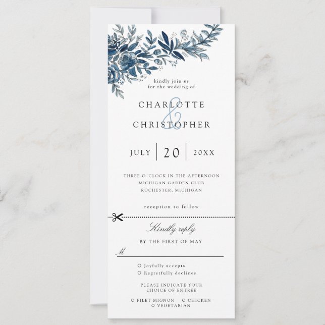 indigo flowers wedding invitation w rsvp attached (Front)