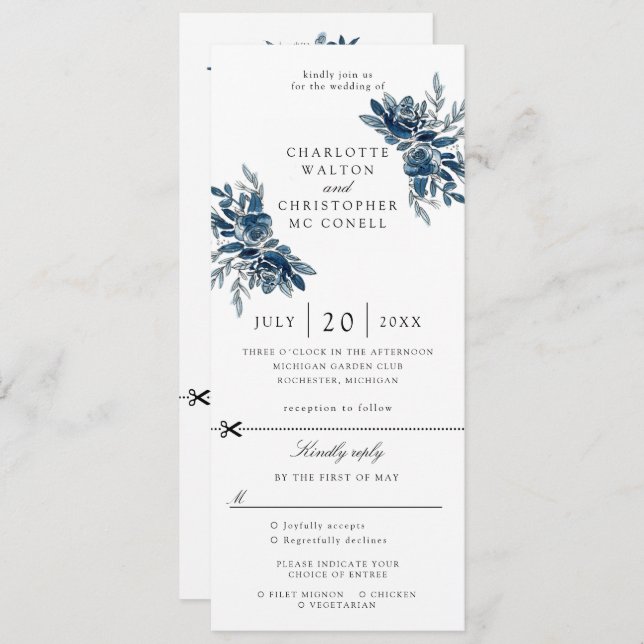 indigo flowers wedding invitation w rsvp attached (Front/Back)