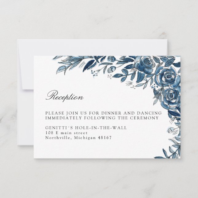 Indigo flowers wedding reception enclosure card (Front)