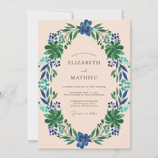 Indigo Foliage Wreath Wedding Invitation (Front)