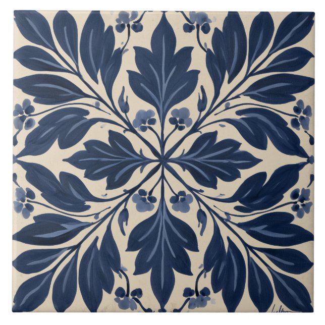 Indigo Folk Floral Damask Ceramic Tile (Front)