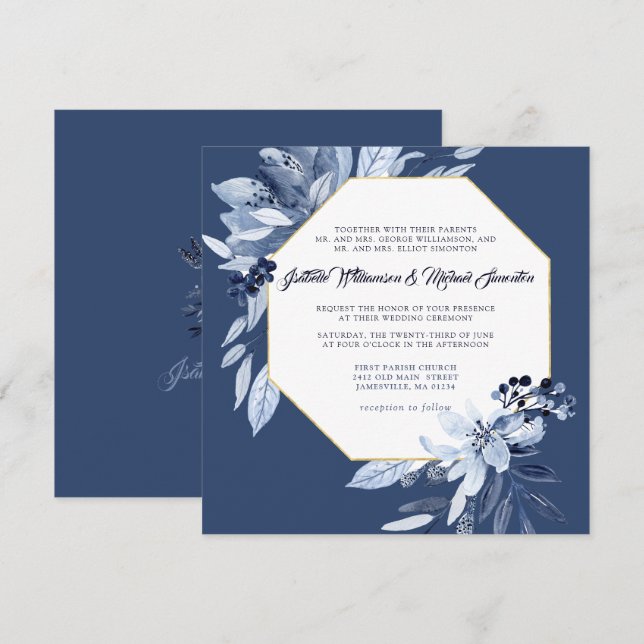 Indigo Garden Floral Square Wedding Invitation (Front/Back)