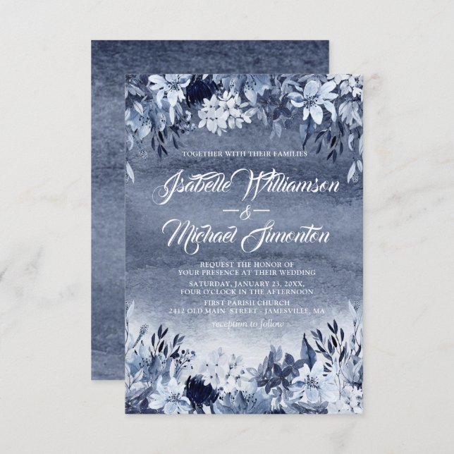 Indigo Garden Modern Watercolor Wedding Invitation (Front/Back)