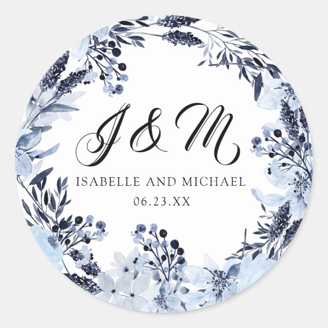 Indigo Garden Monogram Initial Wedding Favor Classic Round Sticker (Front)