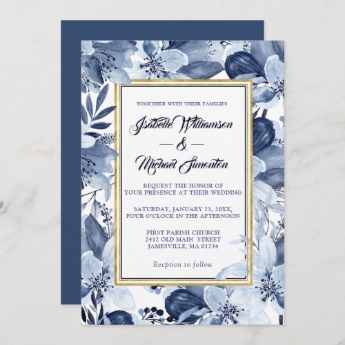 Indigo Garden with Gold Frame Wedding Invitaiton Invitation