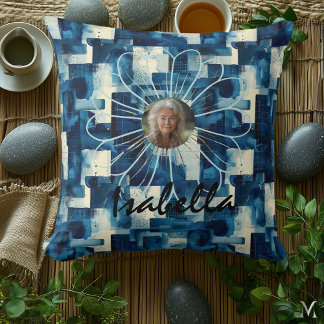Indigo Geometric Bloom – Elegant Abstract Portrait Throw Pillow