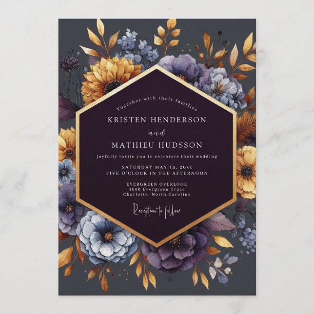 Indigo Gilded Bloom Wedding Invitation (Front)