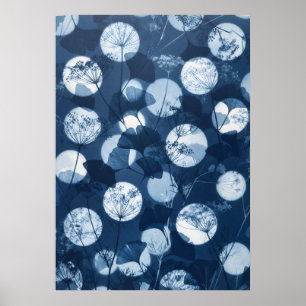 Indigo Ginkgo Wildflower Moonlight Cyanotype Art Poster