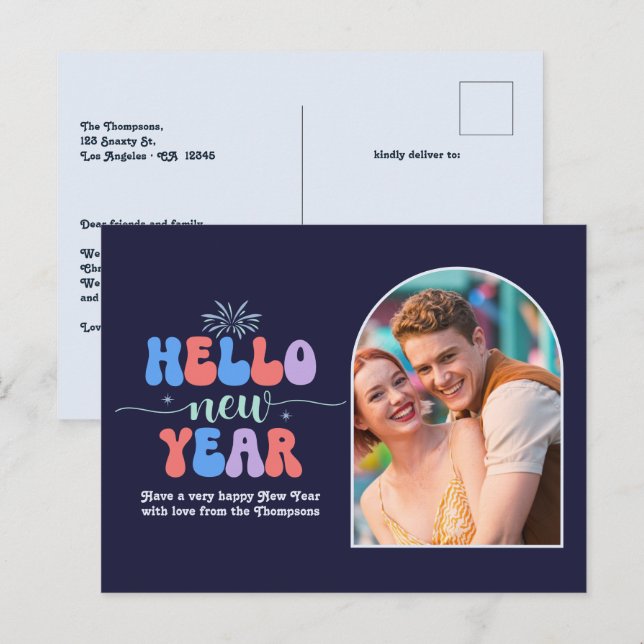 Indigo Gleam New Year Retro Modern Blue Photo Holiday Postcard (Front/Back)