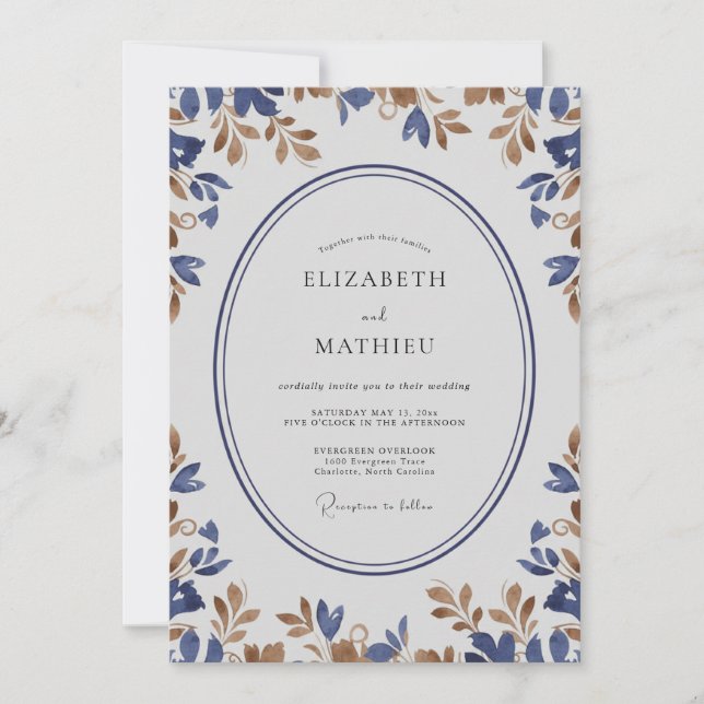 Indigo Gold Sprig Eucalyptus Wedding Invitation (Front)