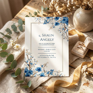 Indigo Gold Vein Ethereal Botanical Frame Wedding Invitation