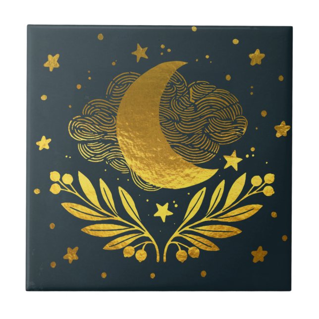 Indigo golden moon ceramic tile (Front)