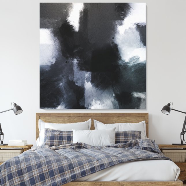 Indigo Gray Black Modern Abstract Brushstrokes  Canvas Print (Insitu(Bedroom))