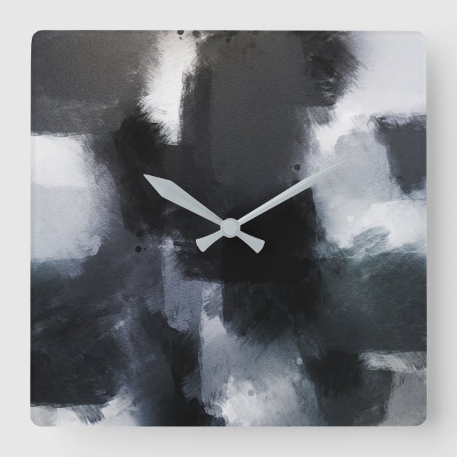 Indigo Gray Black Modern Abstract Brushstrokes Square Wall Clock (Front)