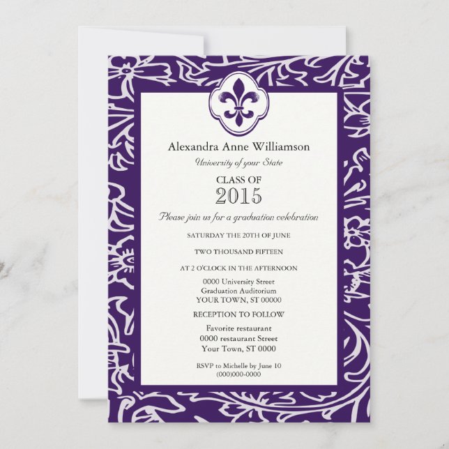 Indigo Gray Fleur de Lis Floral Formal Graduation Invitation (Front)