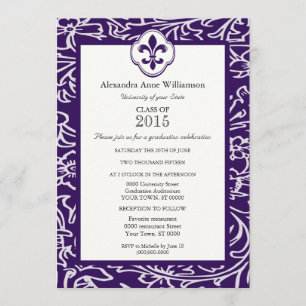Indigo Gray Fleur de Lis Floral Formal Graduation Invitation
