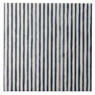Indigo Hand Painted Cottage Stripe Ceramic Tile