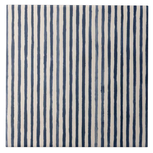 Indigo Hand Painted Cottage Stripe Ceramic Tile (Front)