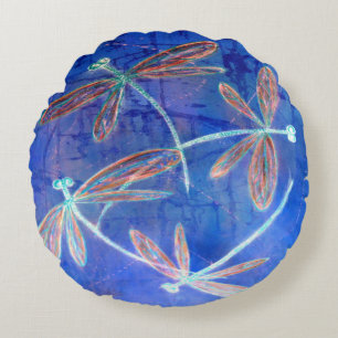 Indigo Haze Dragonfly Flit Round Pillow