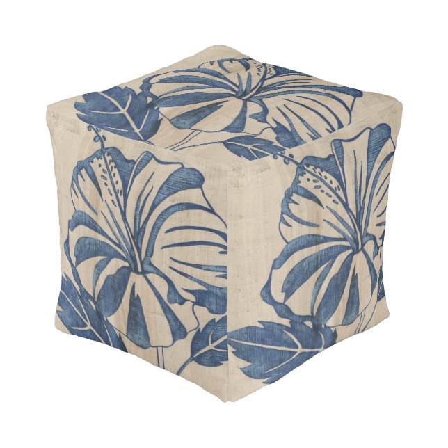 Indigo Hibiscus Pouf (Angled Front)